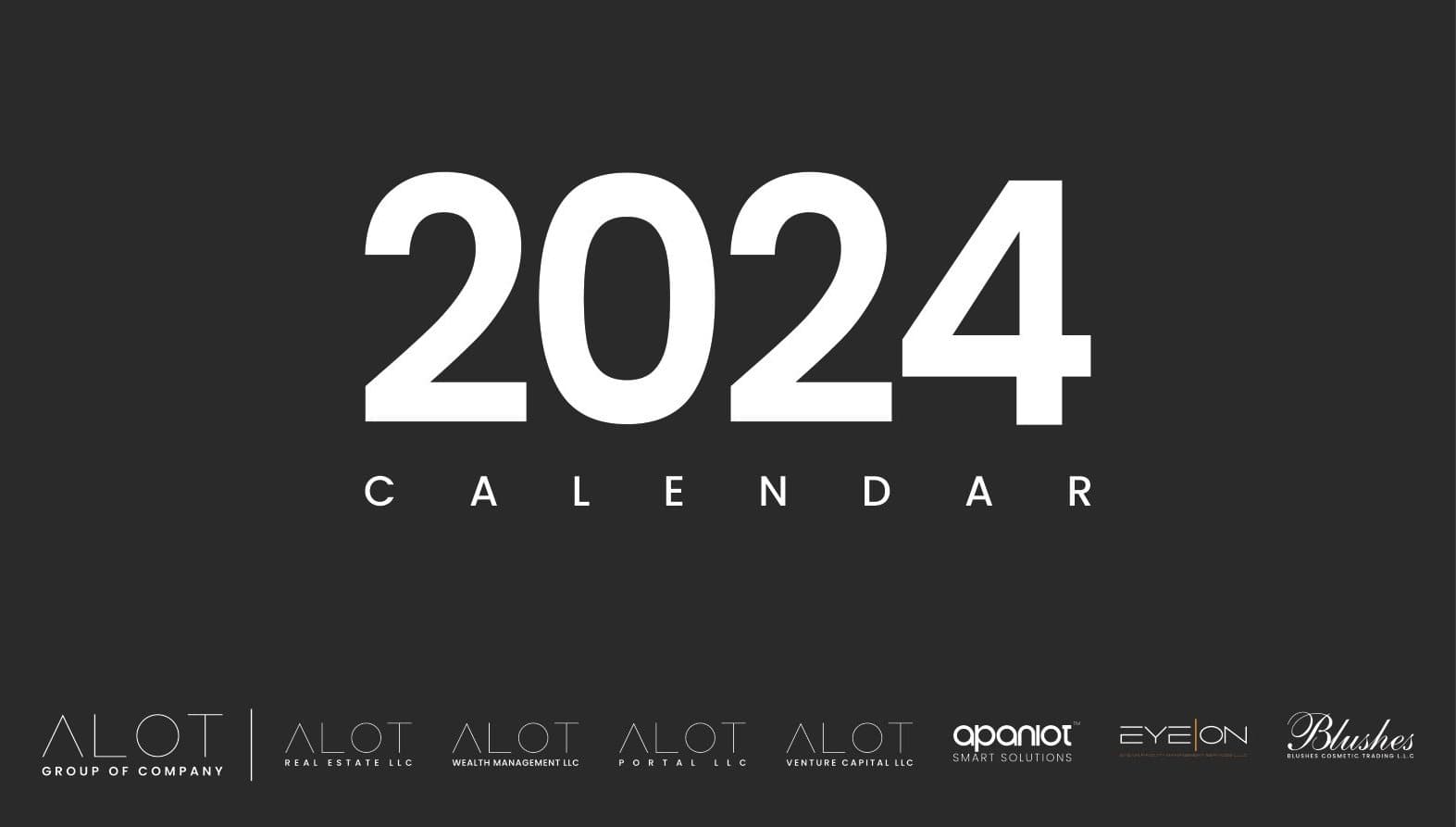 The black cover panel of the 2024 group calendar with the strip of eight lockups