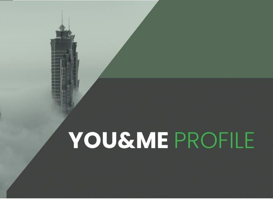 Front panel of the You & Me Planet corporate profile: a Dubai tower rising through fog