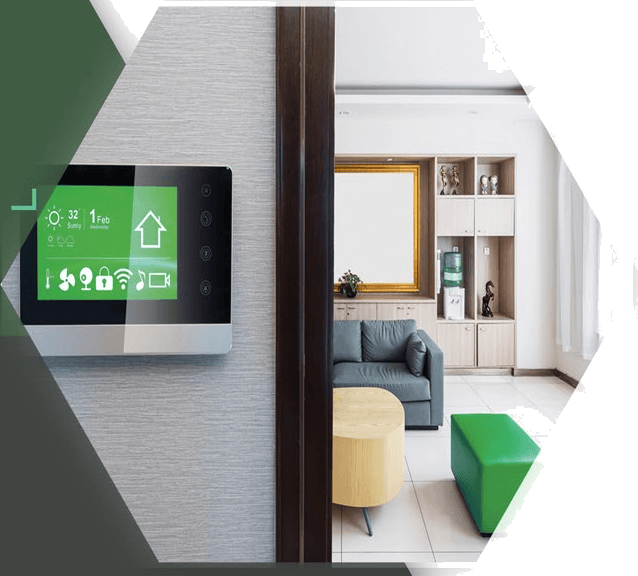 Green smart-home wall panel in a living room, from the You & Me brochure