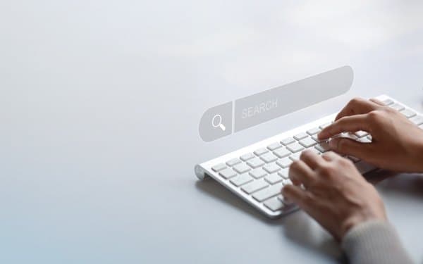 Hands at a keyboard with a search bar, from ALOT Portal's 2024 material