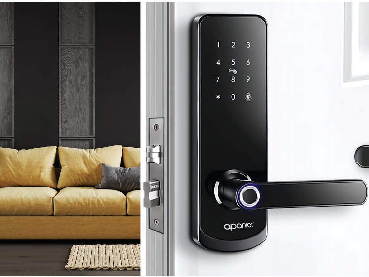 Apaniot keypad and fingerprint smart lock on a white door