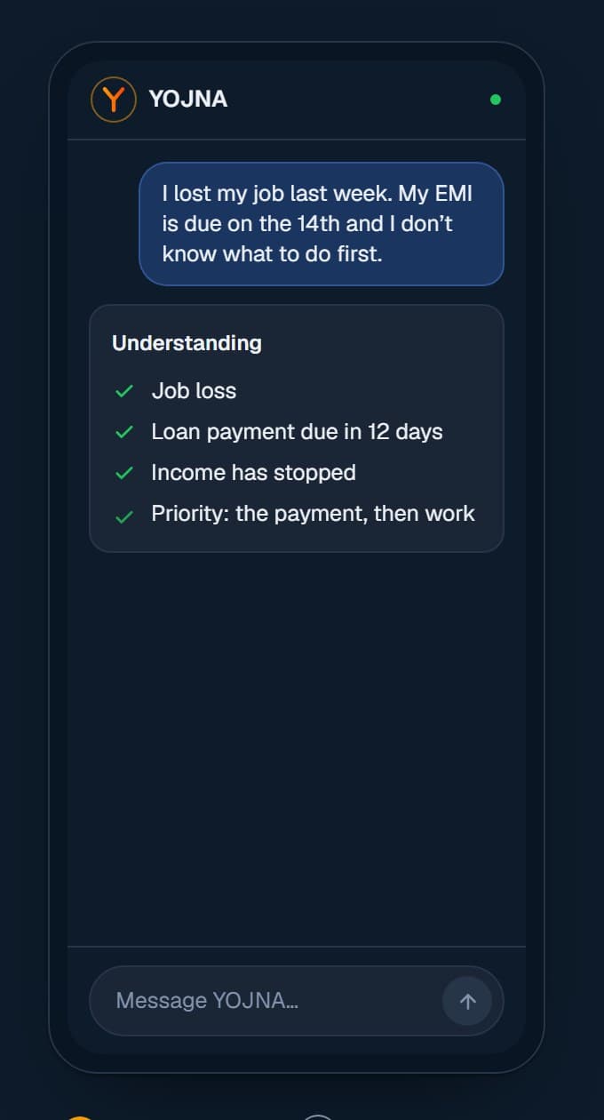 YOJNA interface: a conversation in which YOJNA lists what it understood and what comes first